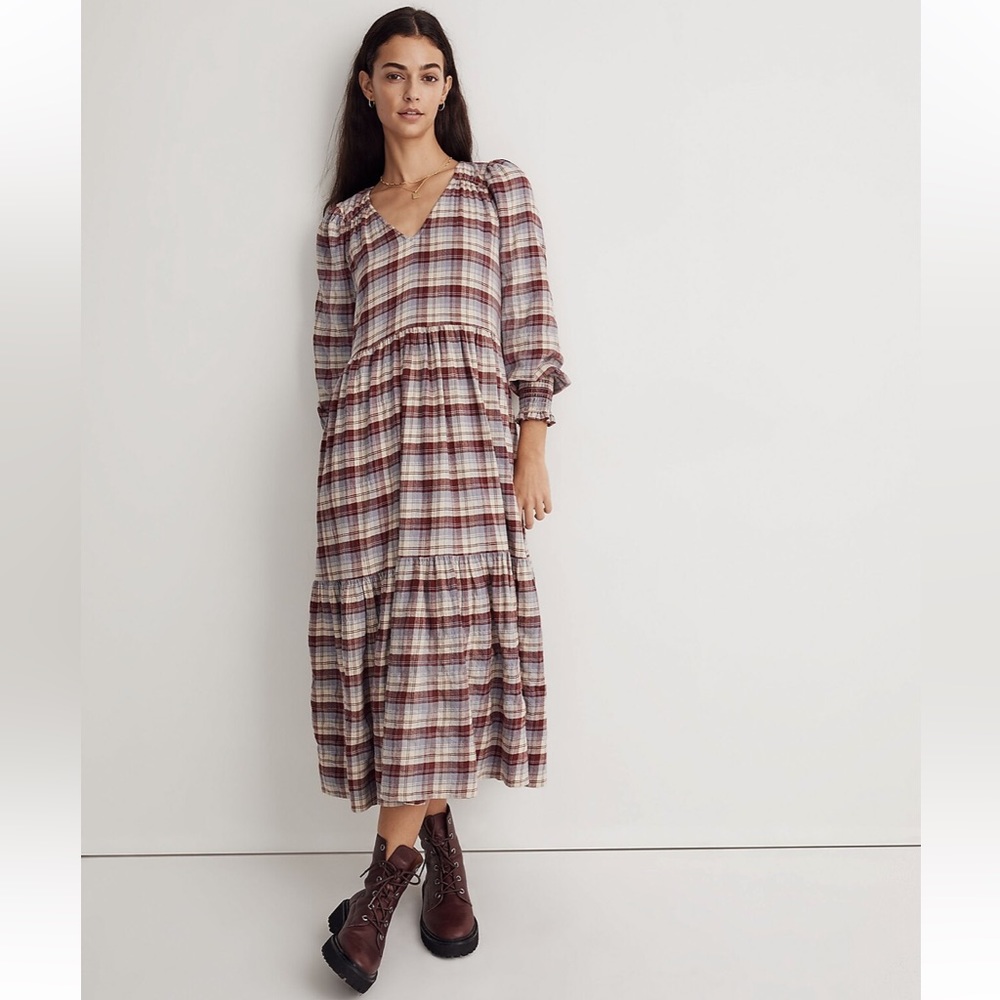 Madewell Plaid Midi Dress in Red and Blue